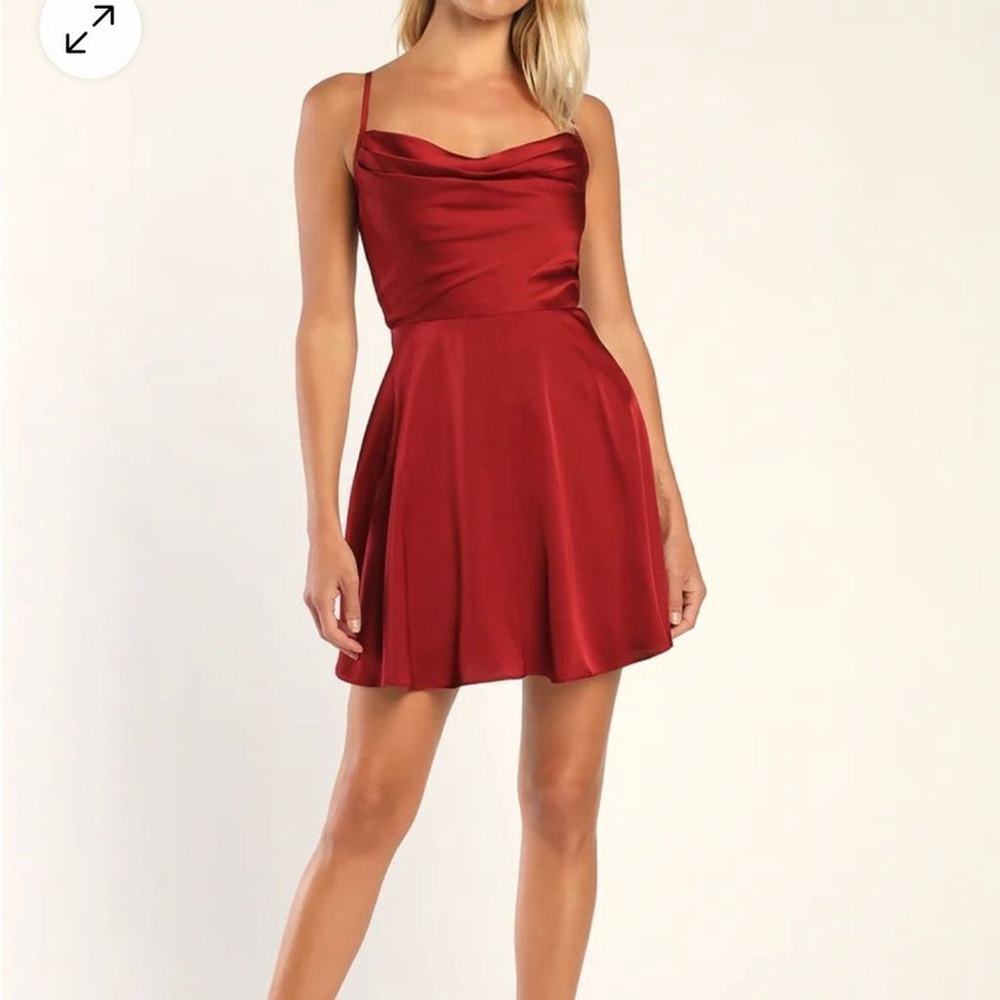 Lulus Fanciful Flirt Burgundy Satin Cowl Neck Skater Mini Dress Size Small - Picture 2 of 16